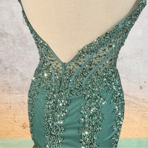 Jovani Green Sequin Beaded Prom Dress Mermaid Style Corset Top and Tulle Sz 4 - Picture 7 of 15